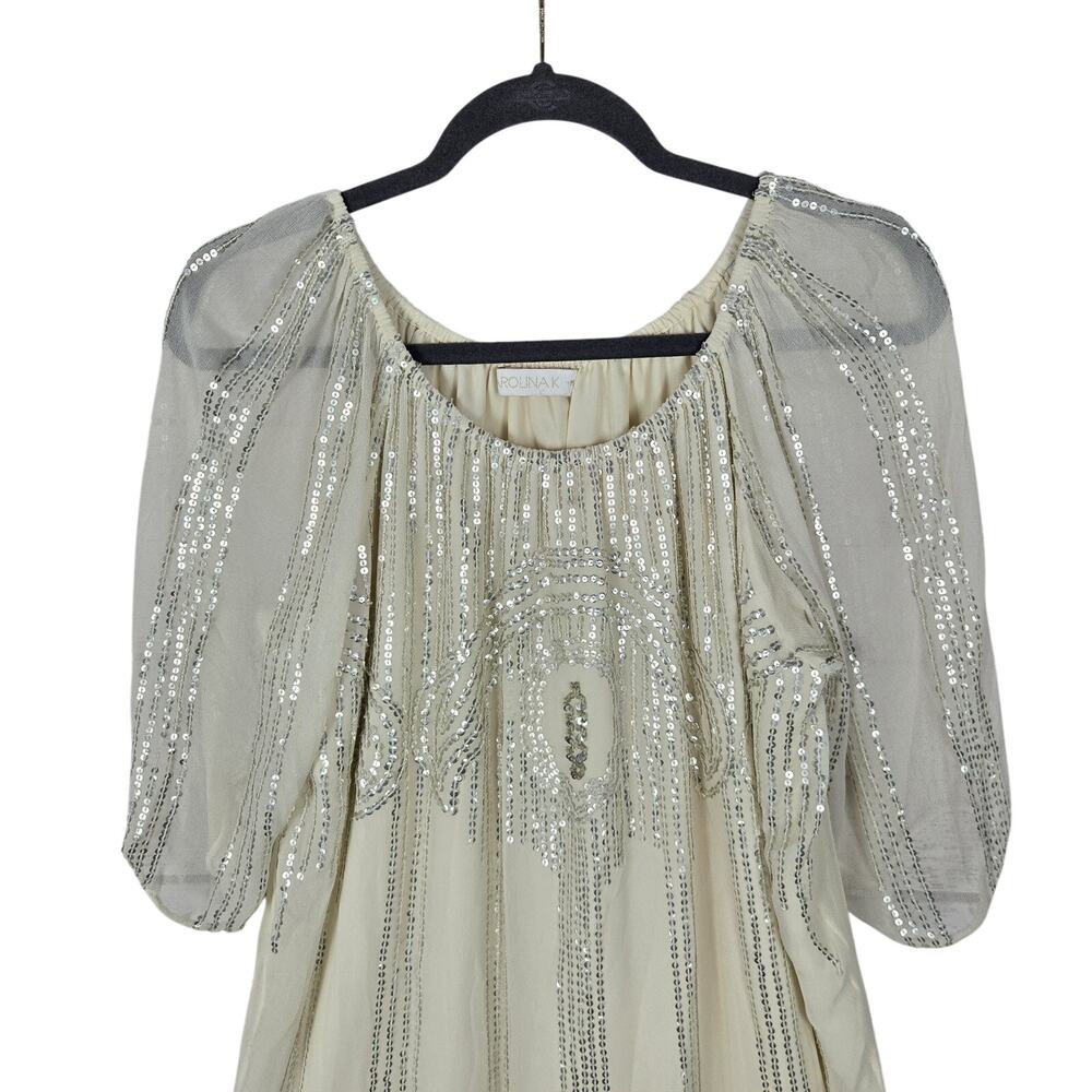 Carolina K Sequin Dress M Cream Cottagecore Sheer Sleeve Ruffle Tier Fairy Glam - Picture 3 of 15
